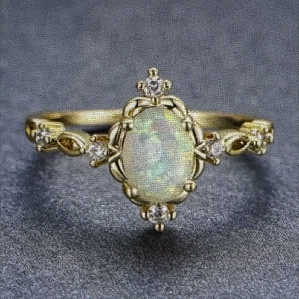 Yellow Gold Ring with Oval White Opal Center and Diamond Accents, Vintage Style
